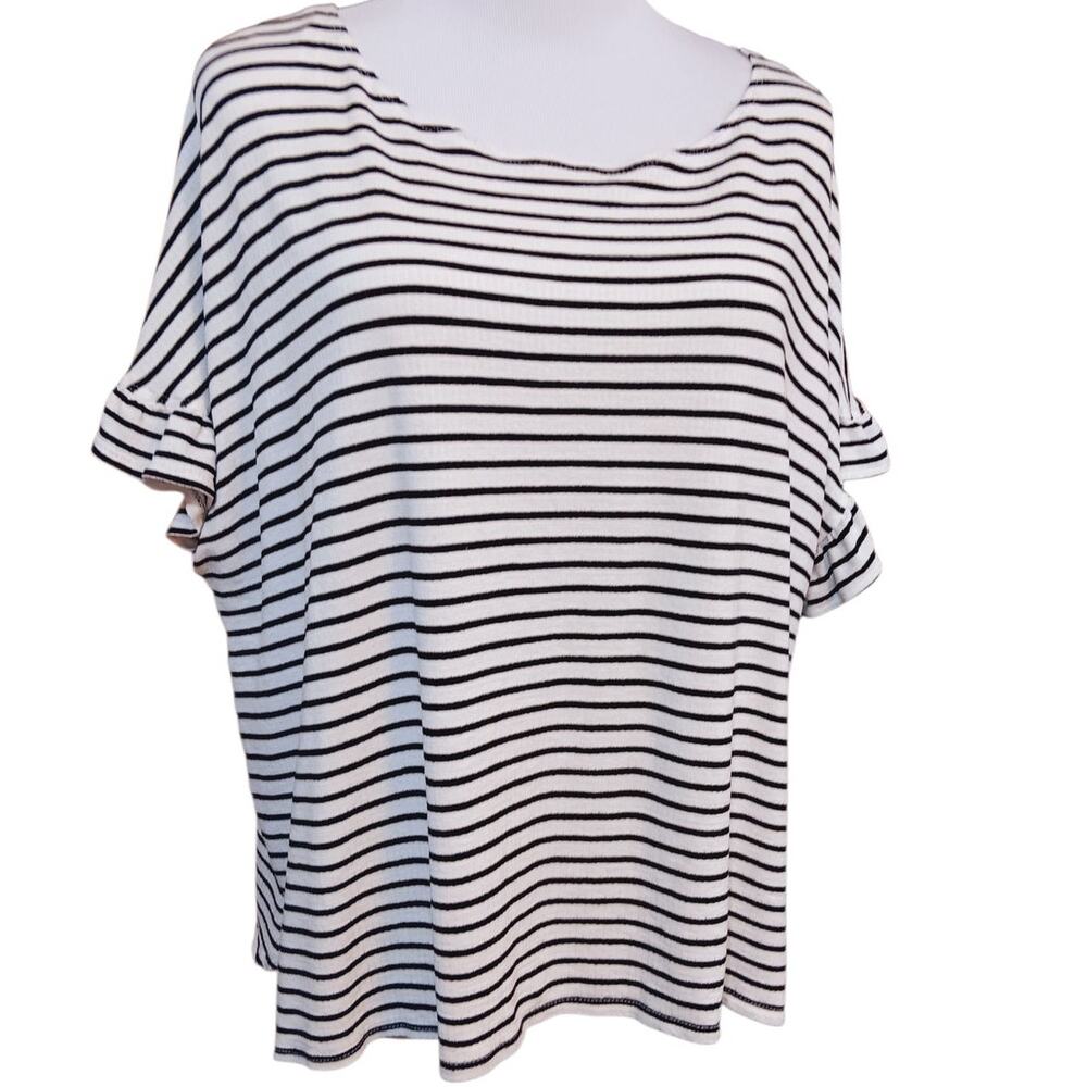 MAX STUDIO Top Blouse Plus‎ 2X Classic Black White Stripes Short Sleeves Comfort